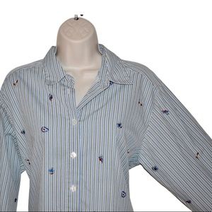 Ladies Stephanie K pinstripe embroidered long sleeve button down shirt fall nice